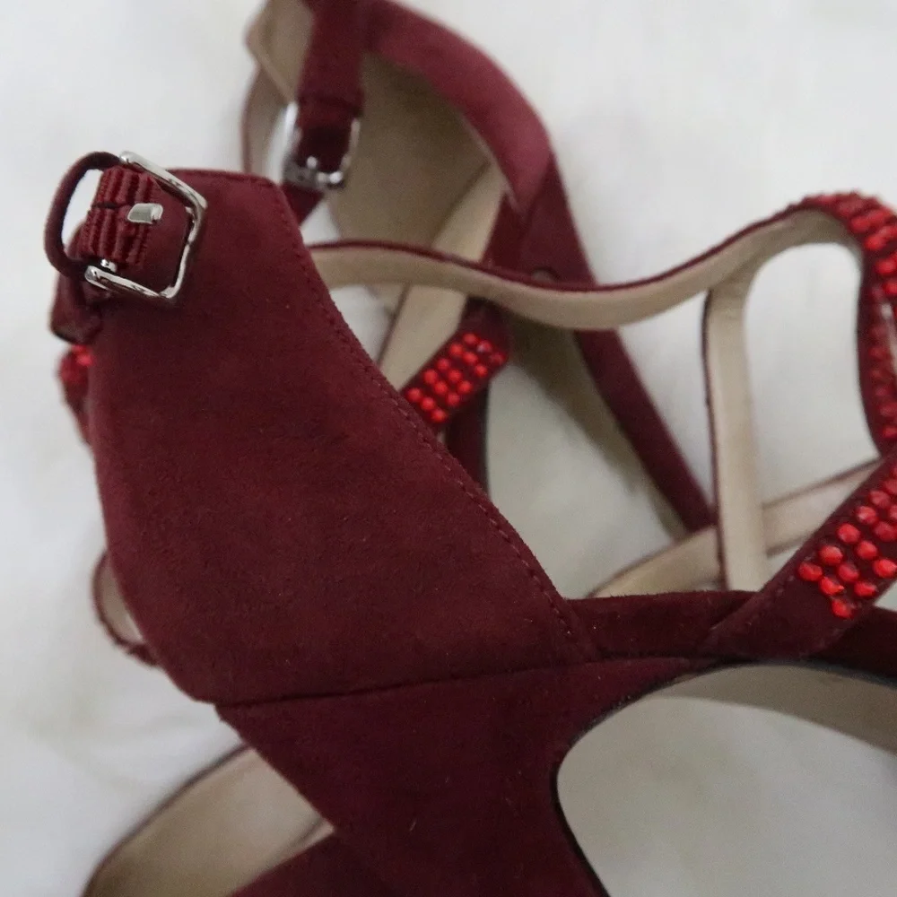 Nine West Burgundy Red Suede Peep-Toe High Heels with Red Rhinestone Straps